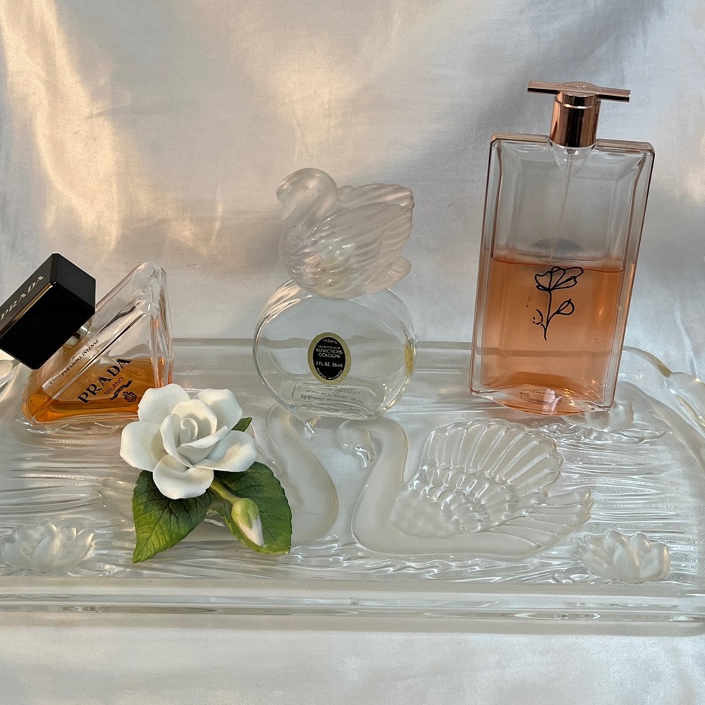 Vintage Mikasa Crystal Swan Vanity Tray, Lotus Detailing